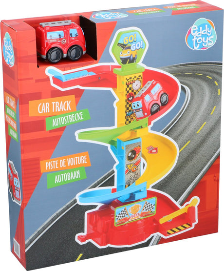 Eddy toys city track racebaan - loopauto speelset met auto - gemaakt van kunststof - meerkleurig ontworpen - stimuleert de motoriek en fantasie - afmeting 26 x 25,5 x 44 cm - geschikt vanaf 3 jaar