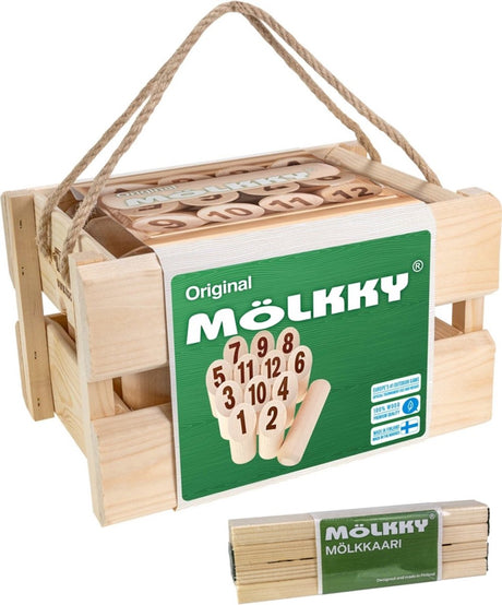 Tactic mölkky tournament set – vang- en werpspel - origineel fins houten werpspel in luxe houten draagkist – berkenhout – met gratis score-app - inclusief mölkkaari werpboog