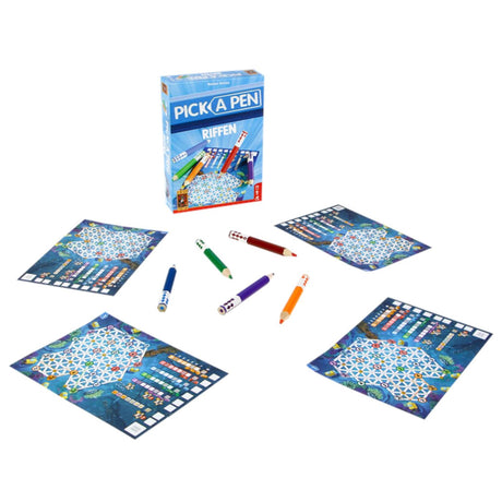 999games 999 games - pick a pen - riffen - dobbelspel - dobbelen met potloden - scorevellen van 3 verschillende niveaus - gezelschapsspel - familiespel - klein cadeautje - bevat spelregels in nl en en