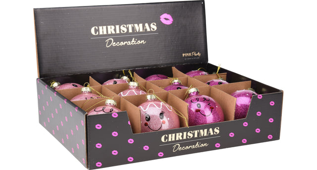 Kerstbal glas d8 cm gezicht roze fuchsia 4 assortie