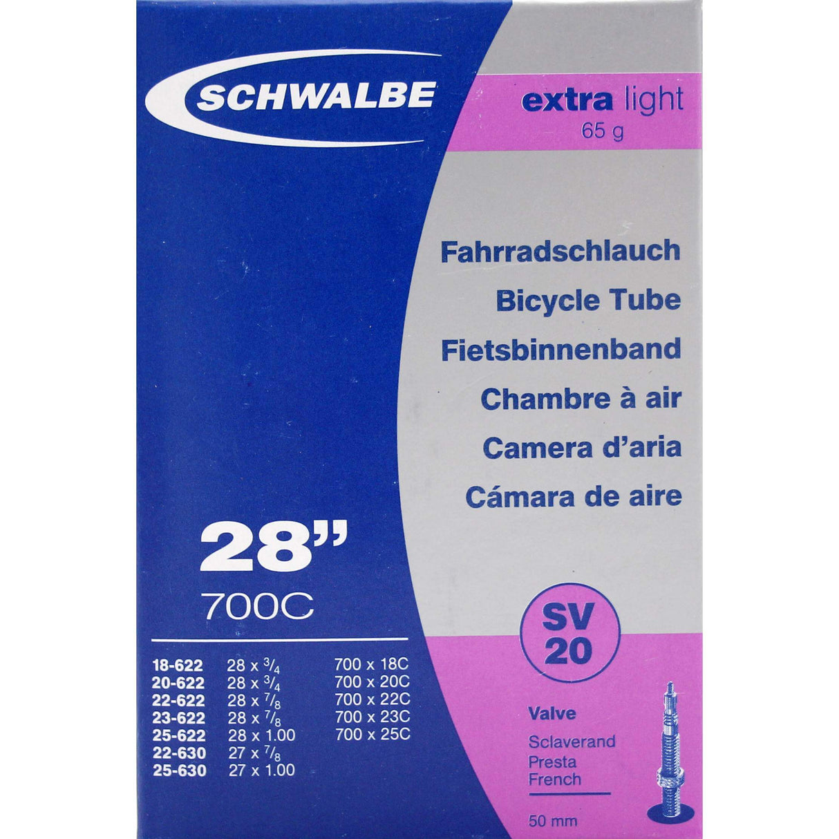 Schwalbe Tubo interno SV20 50 mm 28 pulgadas 18 25-622 630 Luz extra 81gr