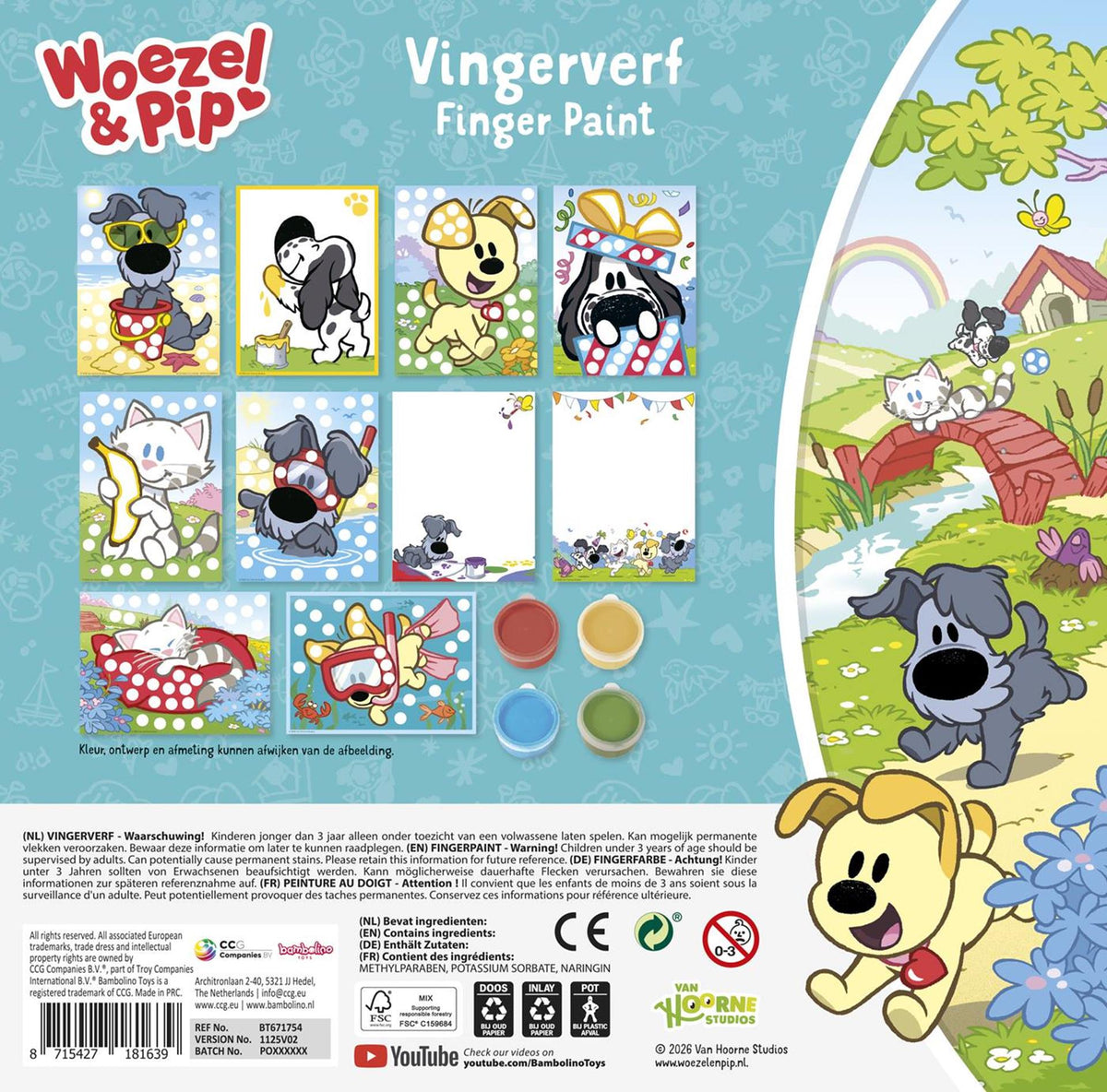 Woezel pip vingerverf 14-delig 4 potjes verf 10 kleurplaten