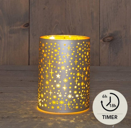 Anna's collection tafellamp led cylinder met sterren glas champagne ø 9x12cm werkt op 3xaa batterijen met timer