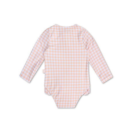 Sunset grid | oranje wit meisjes uv badpak met lange mouwen