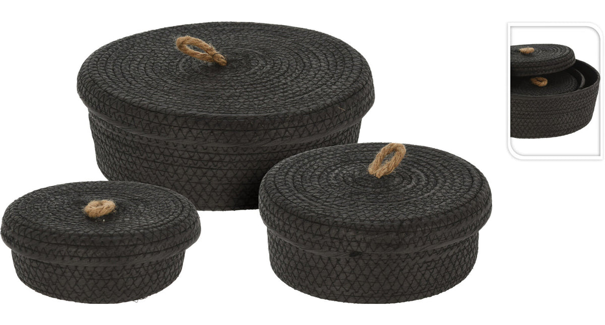 Set 3 mand papier zwart met deksel d26 22 17 h9 8 7cm