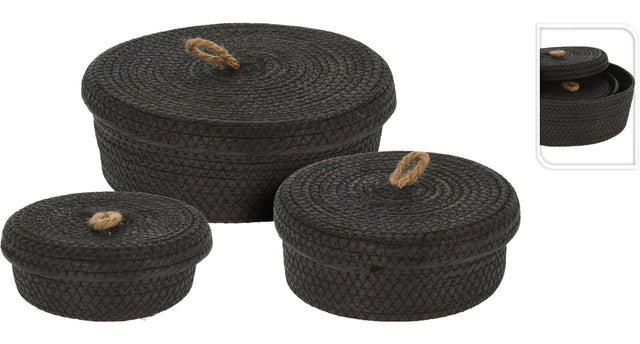 Set 3 mand papier zwart met deksel d26 22 17 h9 8 7cm