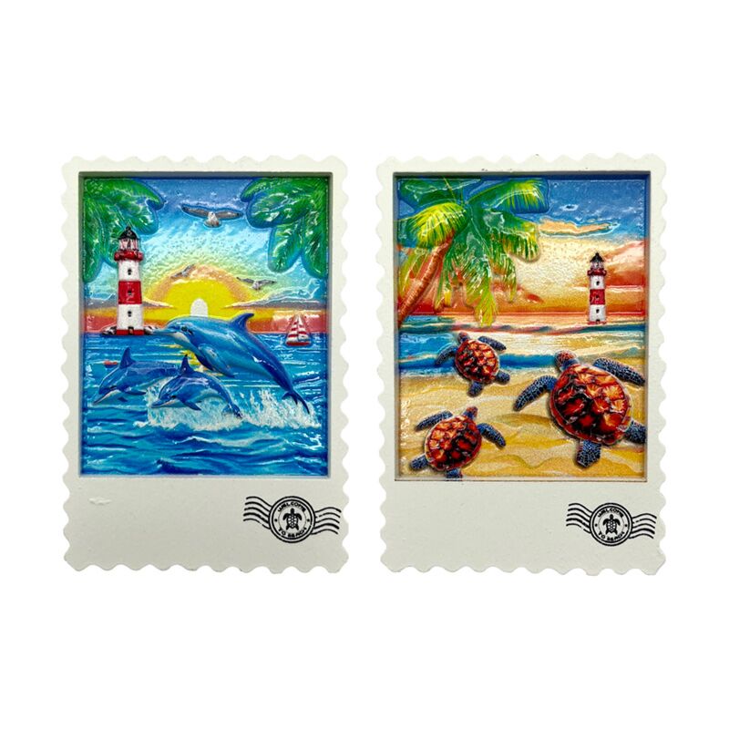 Strand zee magneet postzegel schildpadden dolfijnen