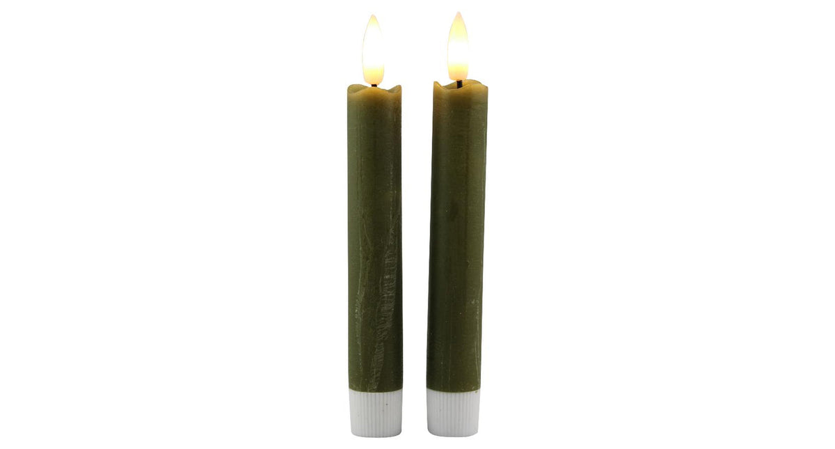Led dinerkaars 15cm rustiek olijfgroen set 2 met timer (excl. 1xaaa)