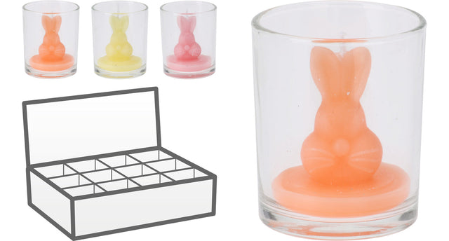 Kaars haasje in glas d6 h8cm 3 assortie kleur