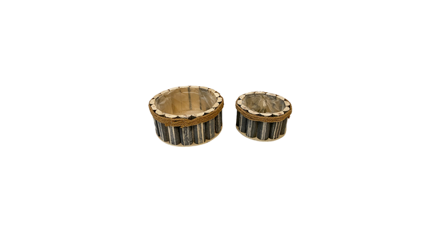 Set 2 houten planter wall rond grijs met touw d23 18 h10 9cm