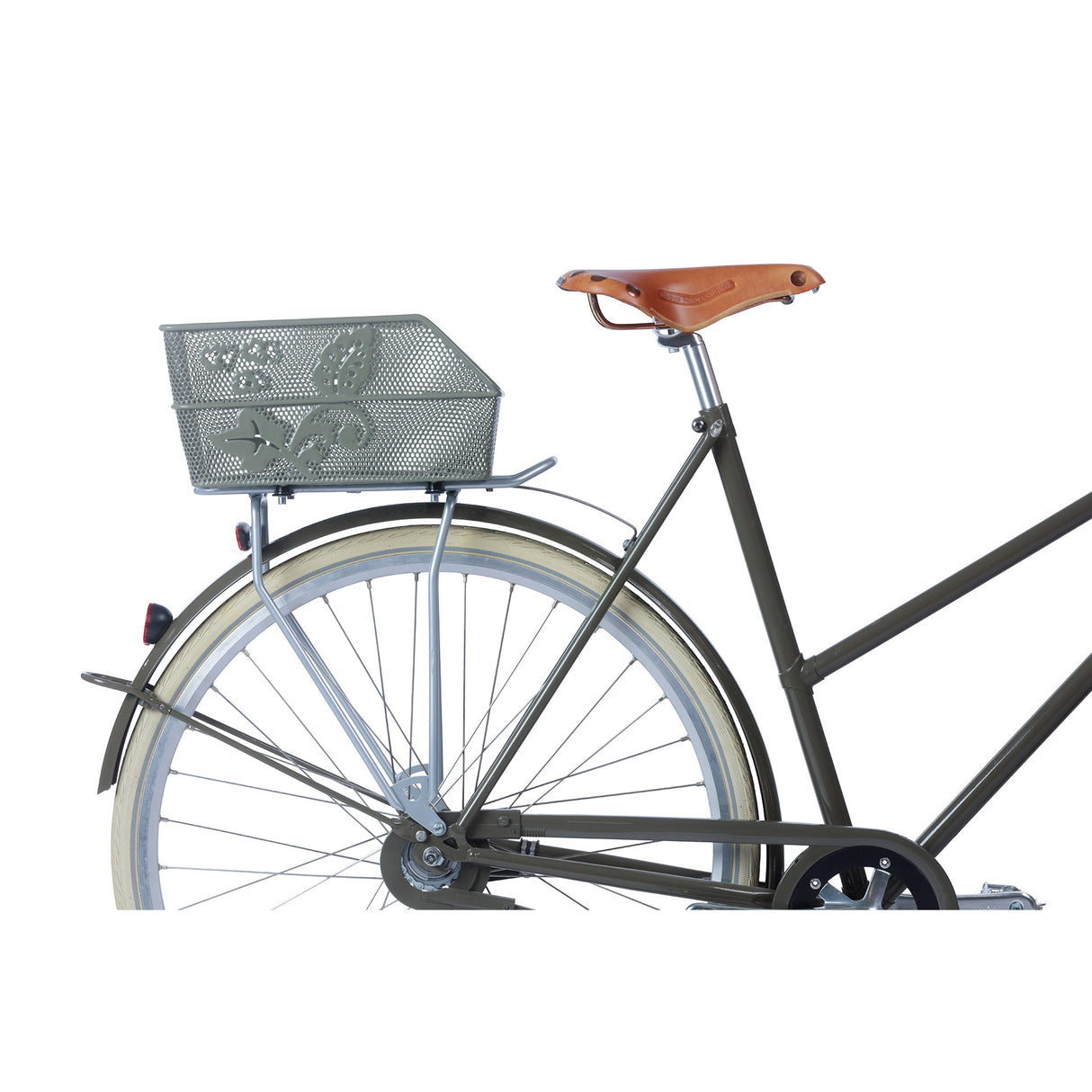 Basil Cento Flower's bicycle basket on the back of Olive Green