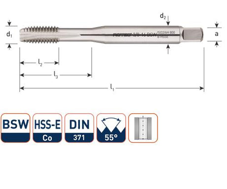 Rotec machinetap din371 3 16 bsw doorlopend