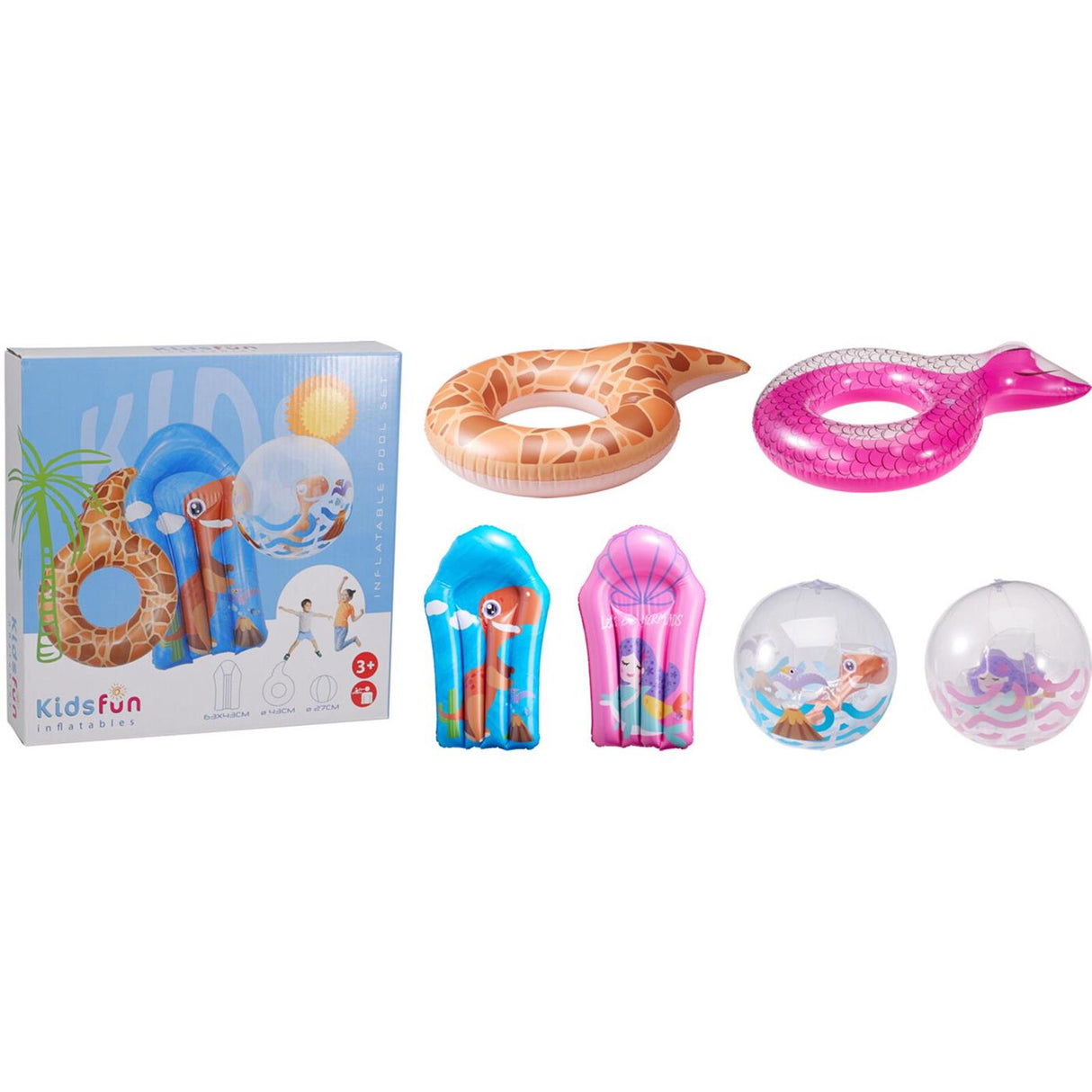 Opblaas set van 3 stuks fun artikelen bodyboard, bal en band 2 assorti