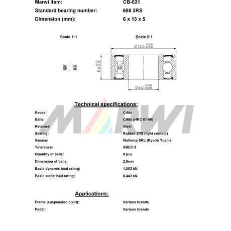 Marwi union kogellager cb-021 686 2rs 6x13x5