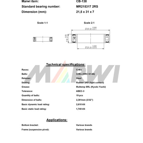 Marwi union kogellager cb-138 mr215317 21,5x31x7