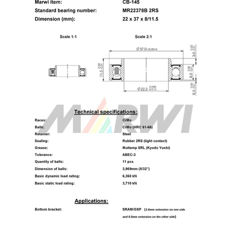 Marwi union kogellager cb-145 2rs mr22237b 22x23x7 11� ext