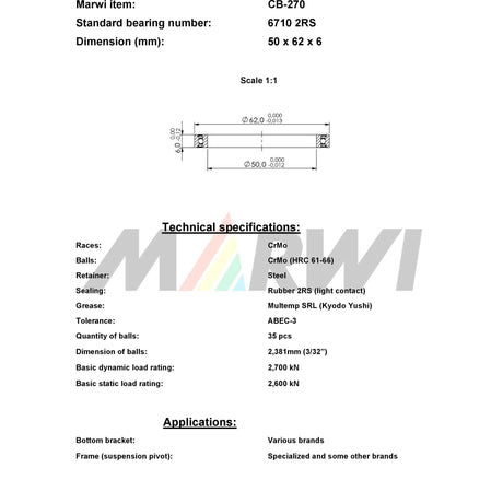 Marwi union kogellager cb-270 6710 2rs 50x62x6
