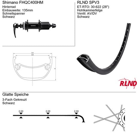 Roland achterwiel 30-622 28 zwart cassette 8 9 10v schijfrem centerlock qr spv3 shimano fh-qc400-hm