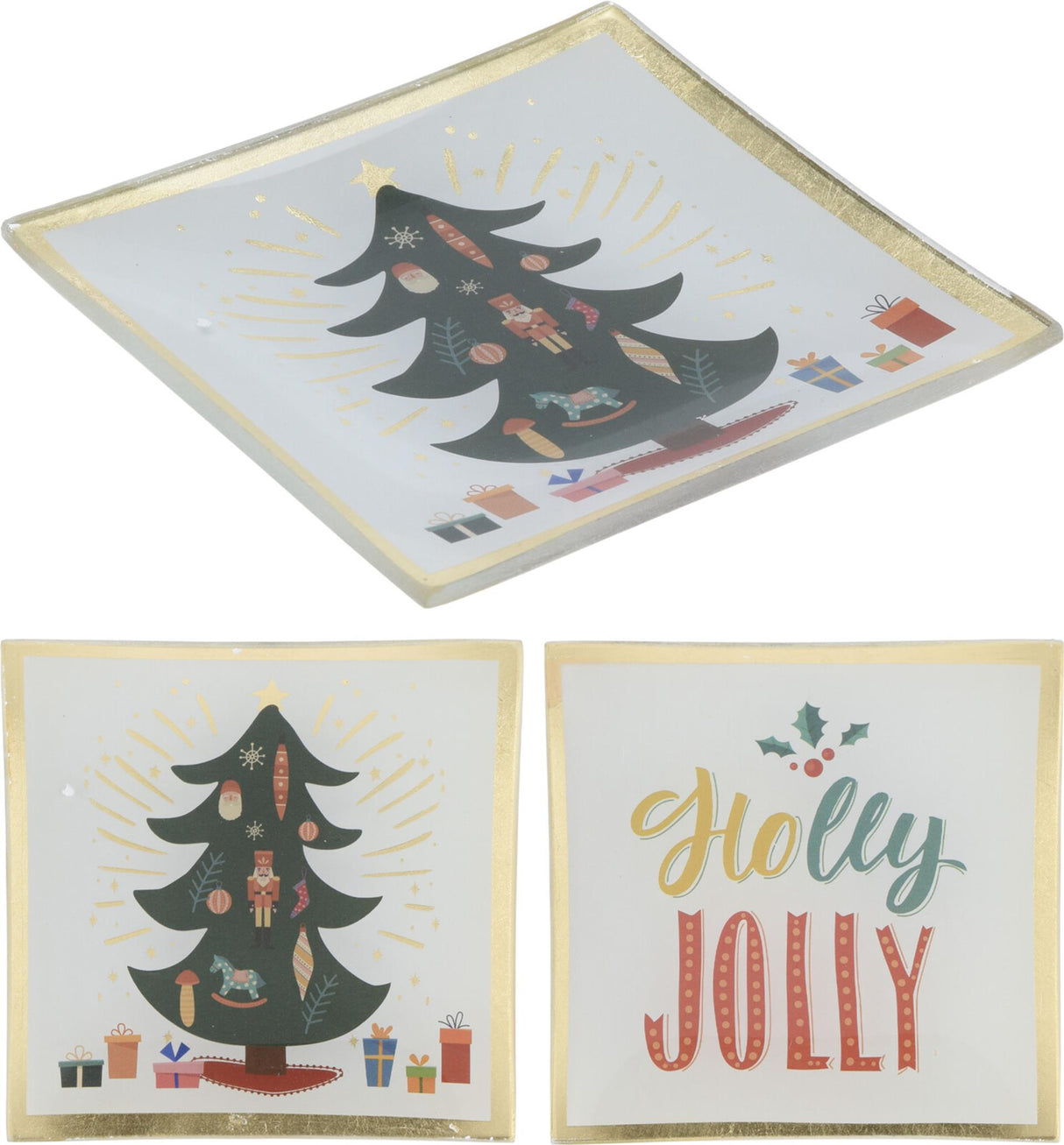 Home styling bord kerst glas 10x10cm kerstboom tekst holly jolly