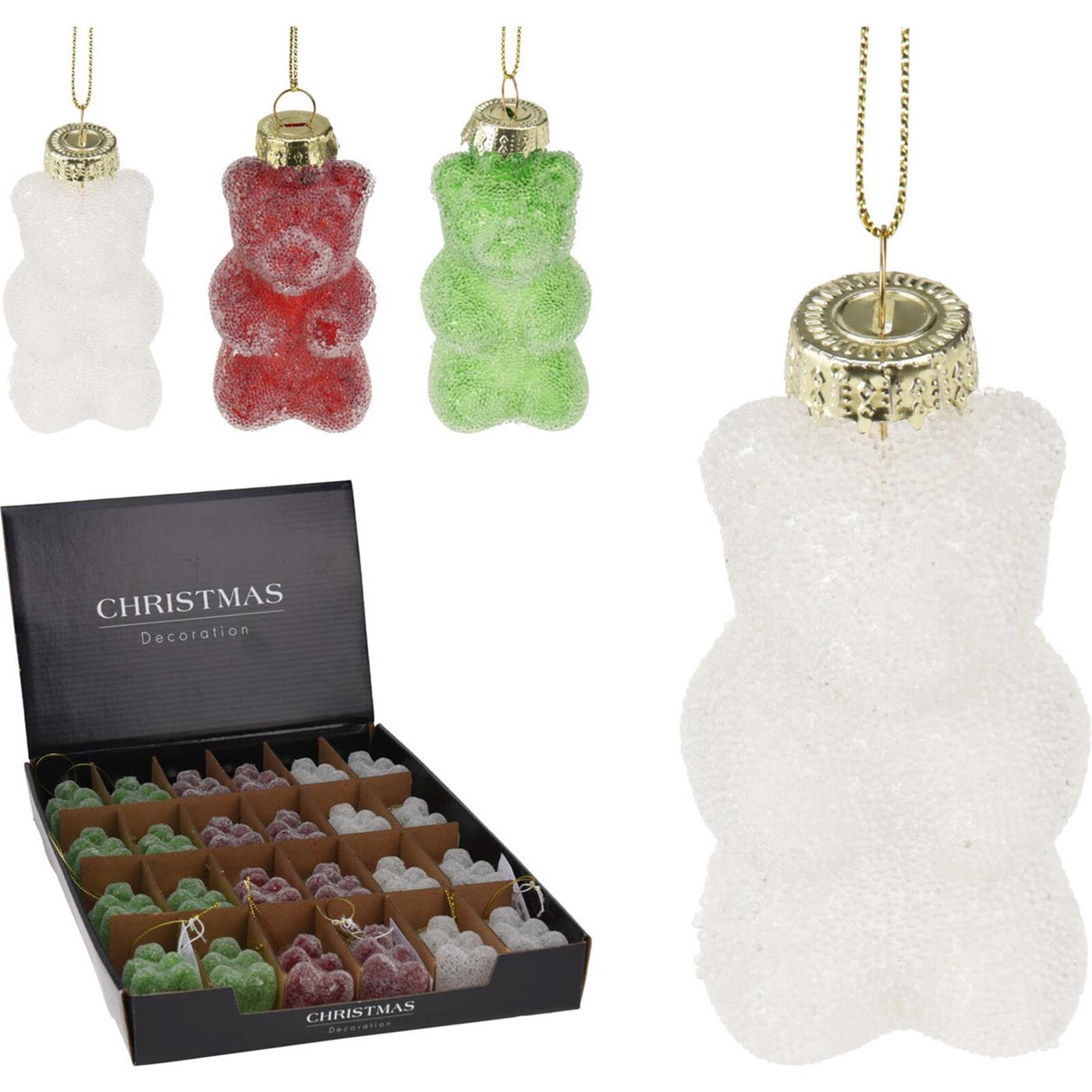 Kersthanger gummibeertje glas 7cm 3 assorti display a 24 stuks