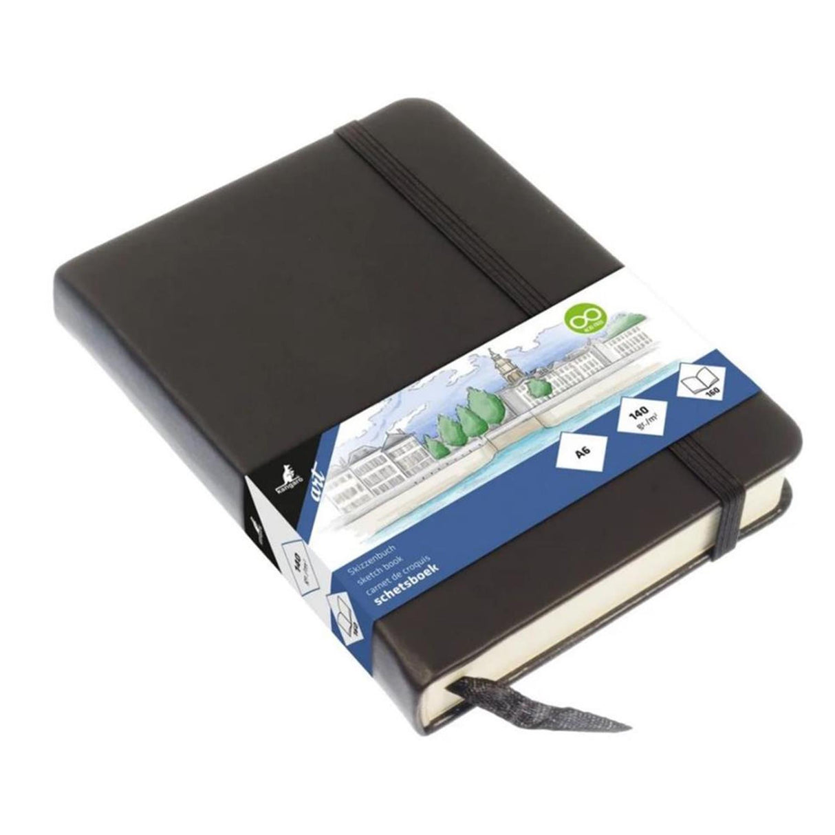 Kangaro schetsboek - a6 - zwart - pu hardcover - met elastiek en lint - k-861210