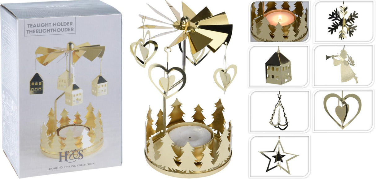 Home styling theelichthouder carrousel goud metaal h14cm