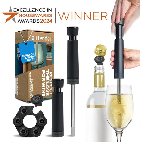 Airtender wine lovers - vacuümpomp met 3 wijnstoppers en beluchter in cadeaudoos