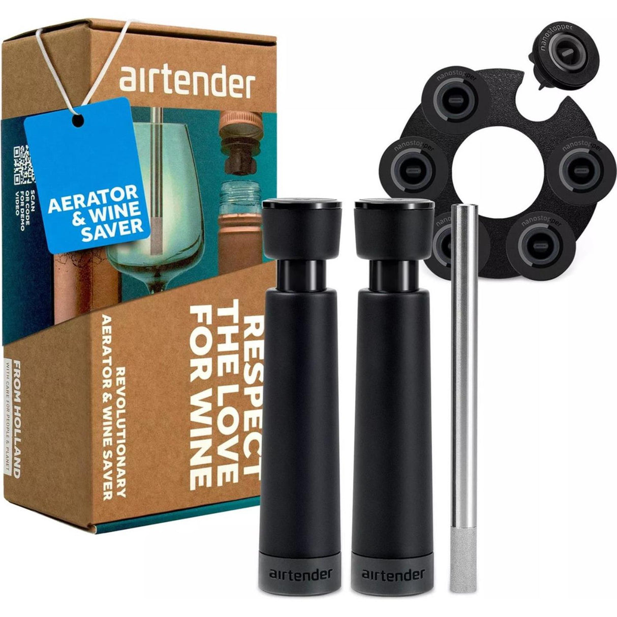 Airtender wine lovers - vacuümpomp met 3 wijnstoppers en beluchter in cadeaudoos