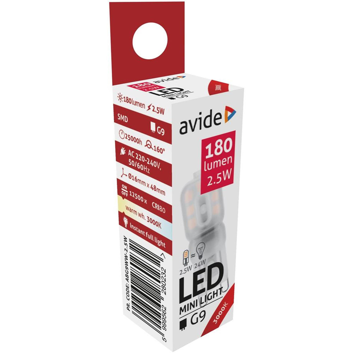 Avide led lamp 2,5 w g9 fitting, 2.5w 3000 kelvin warmwit 180 lumen