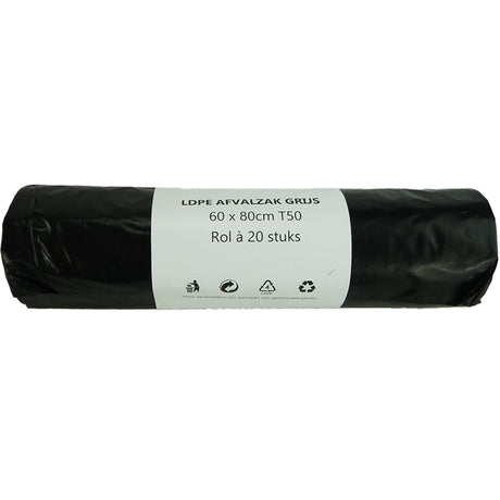 Afvalzak 60l grijs 20 stuks op rol