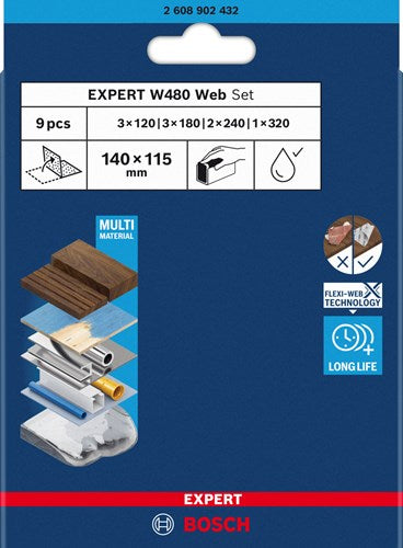 Bosch accessoires expert 9-delige set schuurvel web w480 115 x 140 mm, 3x g120; 3x g180, 2x g240; 1x g320 (online) - 2608902432