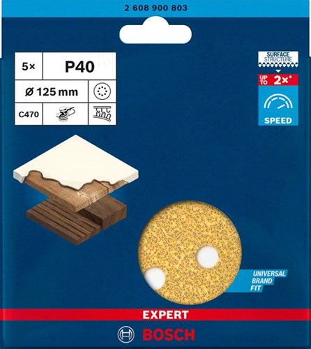 Bosch accessoires expert c470 schuurpapier voor excenterschuurmachines 125 mm, 8 gaten, k40 5-delig - 2608900803