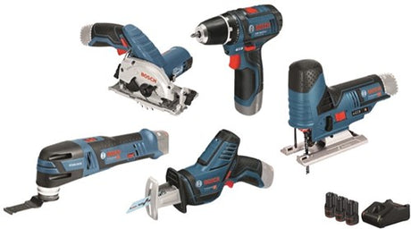 Bosch blauw 5 toolkit gsr 12v-15 + gst 12v-70 + gop 12v-28 + gks 12v-26 + gsa 12v-14 (3x 3.0ah accu) - 0615a0017c