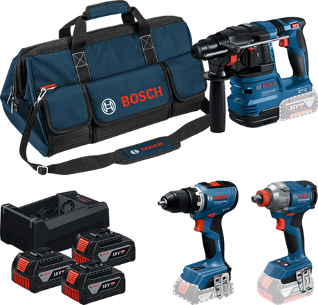 Bosch blauw bosch professional 18v toolkit - gereedschap combiset - gsr 18v-65 + gdx 18v-285 + gbh 18v-22 + 3x gba 5.0ah 18v accu + gal 12v-18v-80