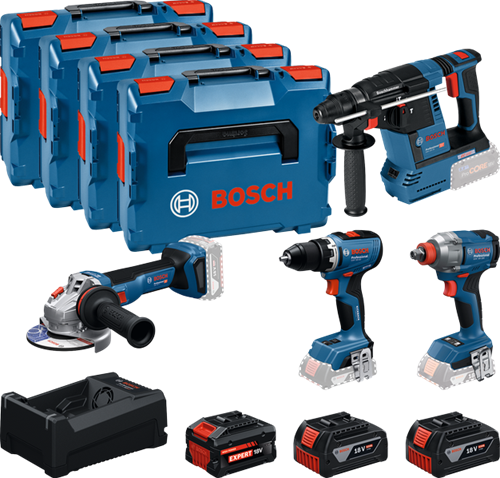 Bosch blauw bosch professional 4-toolkit 18v - gereedschap combiset - gsr 18v-65 - gbh 18v-26 - gws 18v-11 - gdx 18v-285 - gba 18v 5.0 ah - exba 18v 5.5 ah - gal 12v 18v-80 lader