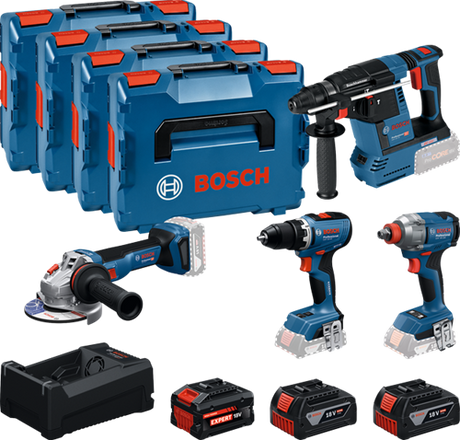 Bosch blauw bosch professional 4-toolkit 18v - gereedschap combiset - gsr 18v-65 - gbh 18v-26 - gws 18v-11 - gdx 18v-285 - gba 18v 5.0 ah - exba 18v 5.5 ah - gal 12v 18v-80 lader