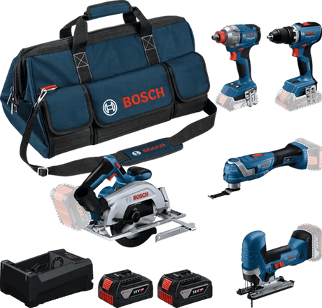 Bosch blauw bosch professional 5-toolkit 18v - gereedschap combiset - gsr 18v-65 - gdx 18v-285 - gks 18v-57-2 - gop 18v-34 - gst 18v-125 s - gba 18v 5.0 ah - gal 12v 18v-80 lader