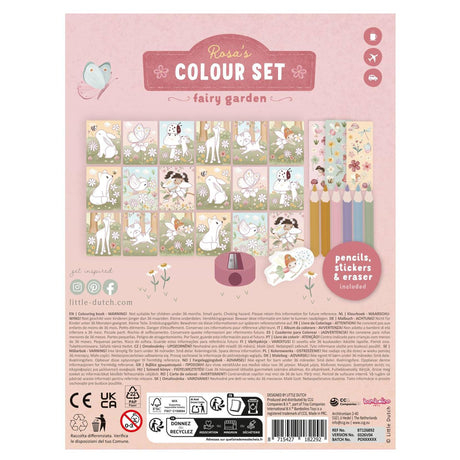 Little dutch rosa friends fairy garden kleurset met 8 potloden, kleurplaatjes en gum