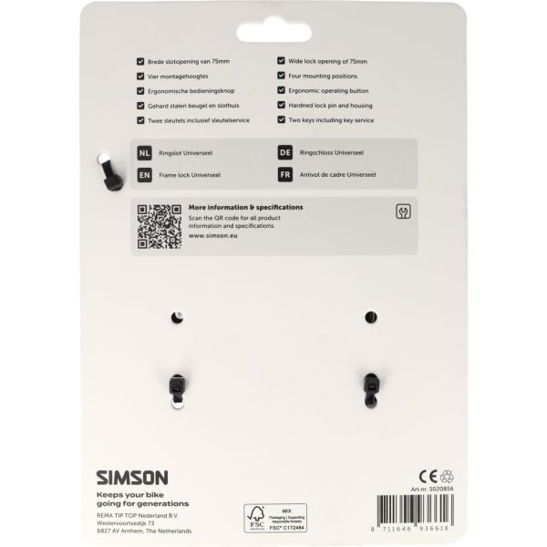 Simson universeel ringslot - brede opening - inclusief 2 sleutels - geschikt voor brede spatborden