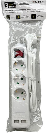 Enzo entac tcd ra 3v 1,5m snoer met 2xusb +schakelaar wit - 6872632