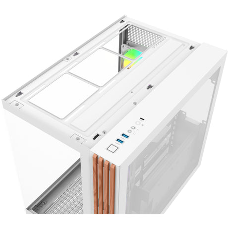 Thermaltake view 380 ws argb snow midi tower behuizing (wit houtkleur | 2x usb-a | 1x usb-c | rgb | tempered glass)