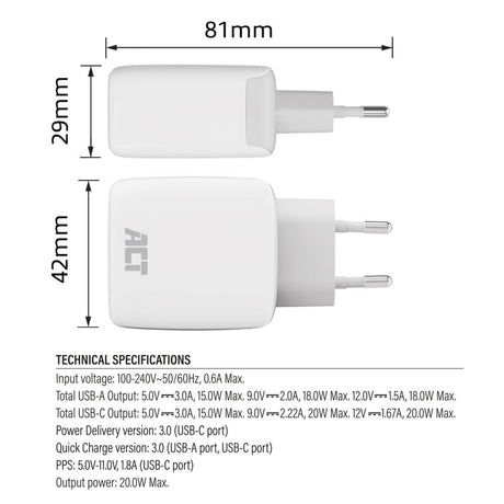 Act connectivity usb-c usb-a lader 20w met power delivery pps, quick charge, ganfast oplader (wit)