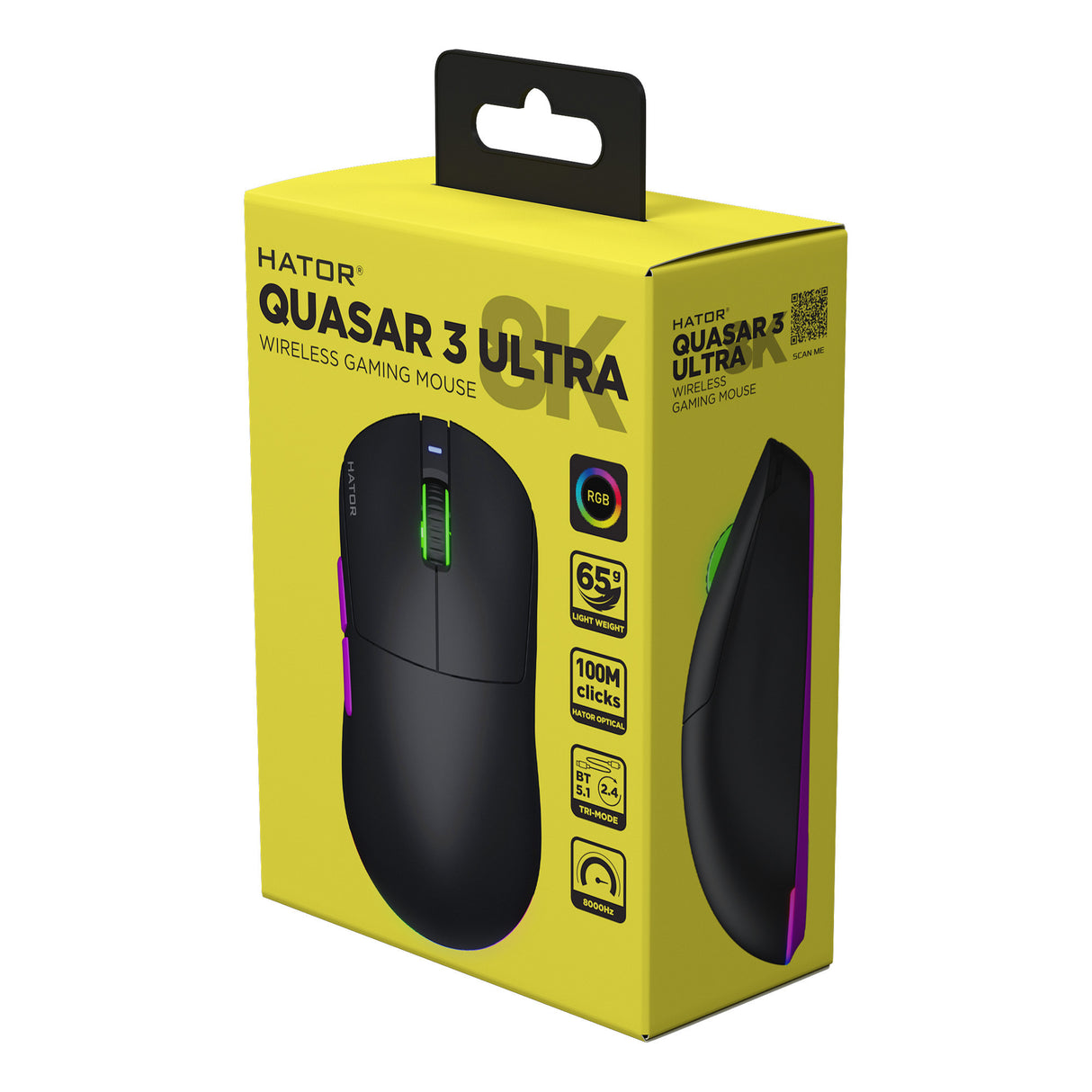 Hator quasar 3 ultra 8k wireless gaming muis (zwart, 400 - 30.000 dpi, rgb, 2.4ghz bluetooth 5.1 usb)