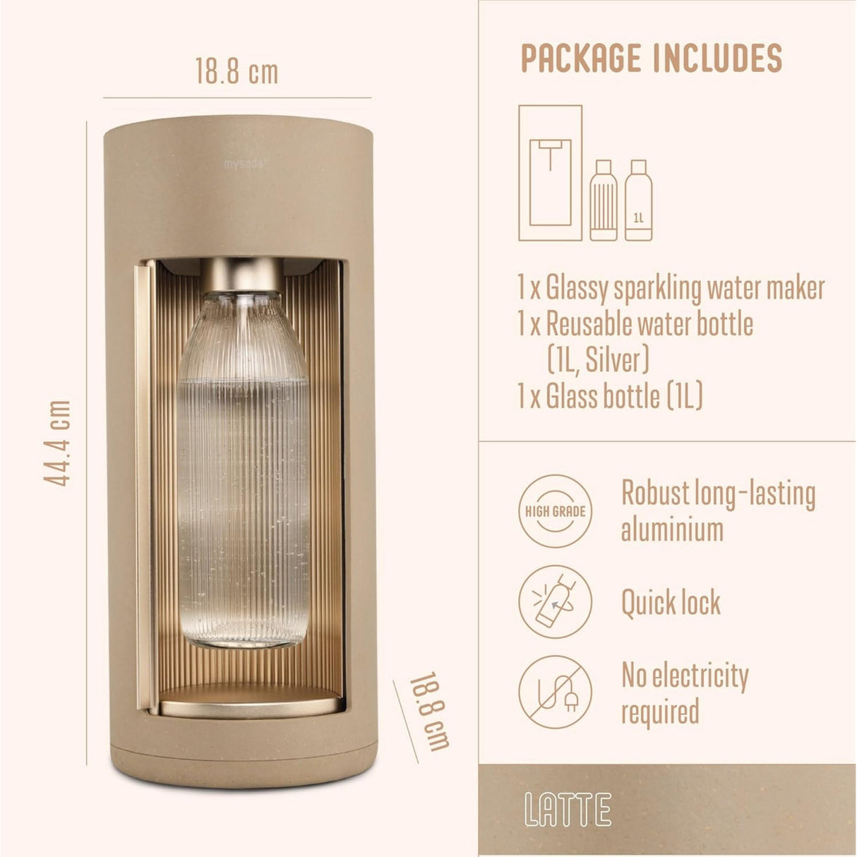 Mysoda glassy latte bruiswatertoestel (beige, excl. co2-gascilinder - met glazen fles)
