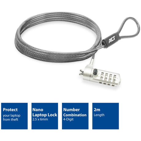 Act connectivity nano laptopslot met cijfercode diefstalbeveiliging (grijs, 2 meter)