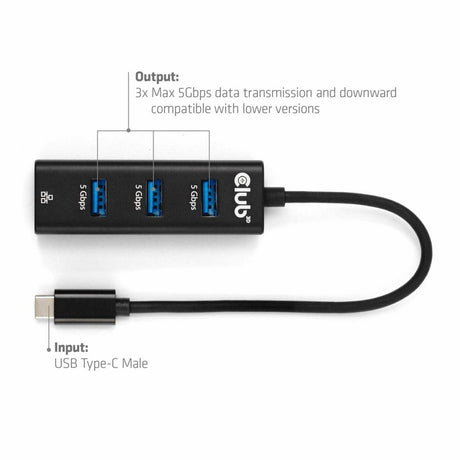 Club 3d usb‑c 3.2 gen 1 naar 3x usb‑a + ethernet dockingstation (zwart)