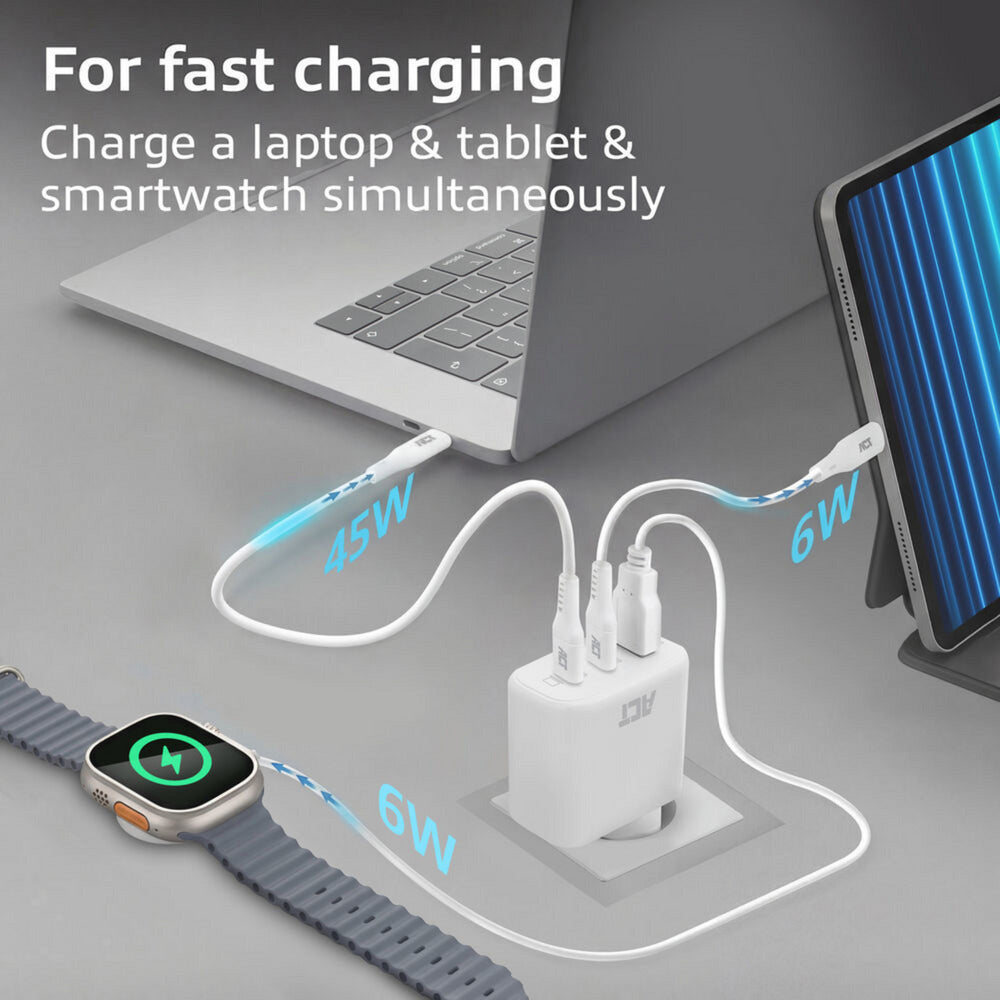 Act connectivity usb-c usb-a lader 65w 3-poorts met power delivery pps, quickcharge en ganfast (wit)