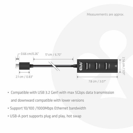 Club 3d usb‑c 3.2 gen 1 naar 3x usb‑a + ethernet dockingstation (zwart)
