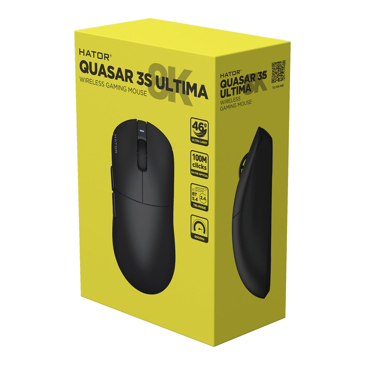 Hator quasar 3s ultima 8k wireless gaming muis (zwart, 30 000 dpi, 2.4 ghz bluetooth usb)