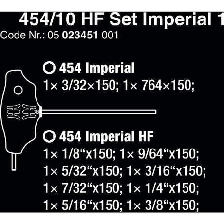 Wera 454 10 hf set imperial 1 stiftsleutelset t-greep hex-plus (zwart groen, met vasthoudfunctie, duims, 10-delig)